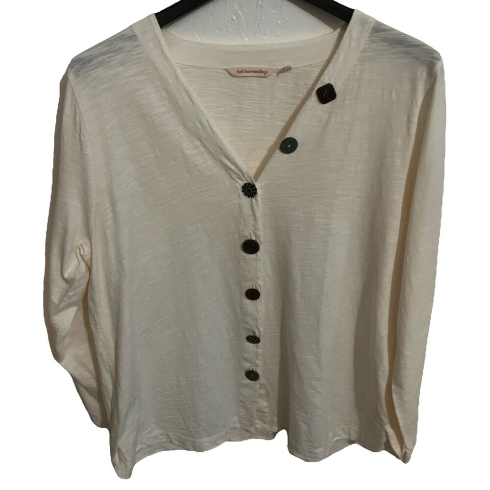 soft surroundings Top Blouse L Cream White Big Button Vary Minimalist 100% Cotto